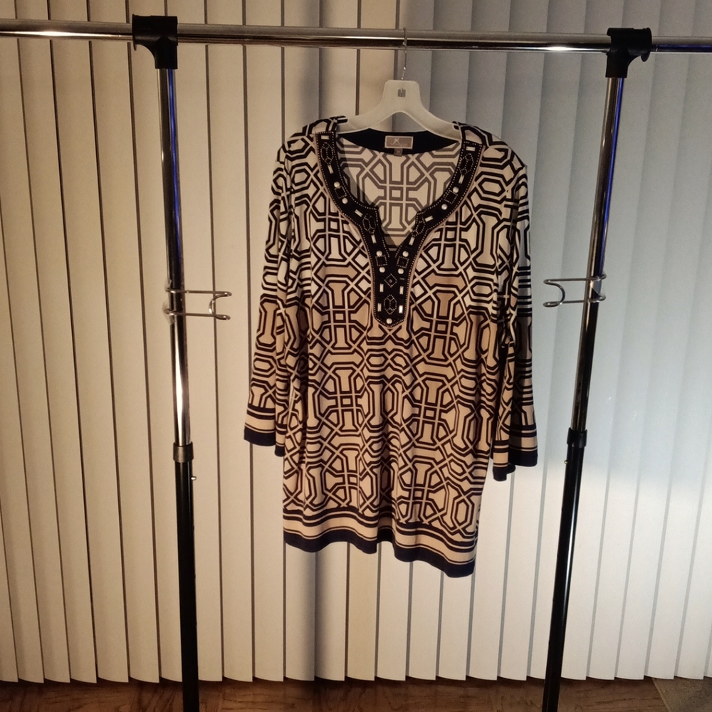 Blue and Off White Drop Blouse w/Creative Cream Rhinestone
